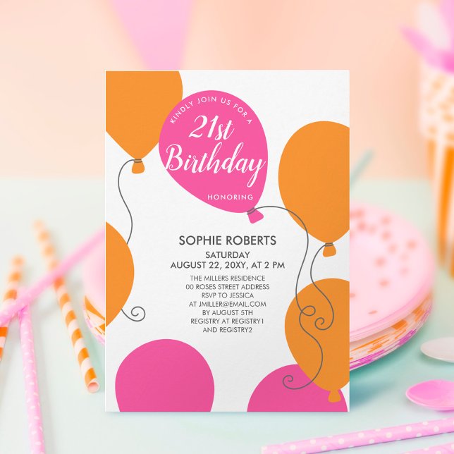 Fun Modern Pink Orange Balloons 21st Birthday Invitation (Creator Uploaded)