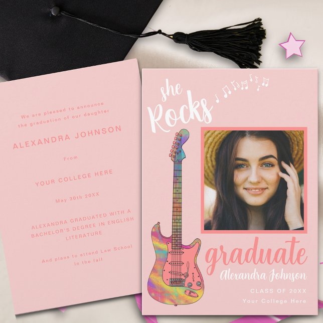 Fun Modern Pink Script Graduate Photo  Invitation (Fun colorful guitar music notes pink script graduate photo modern graduation announcement card)