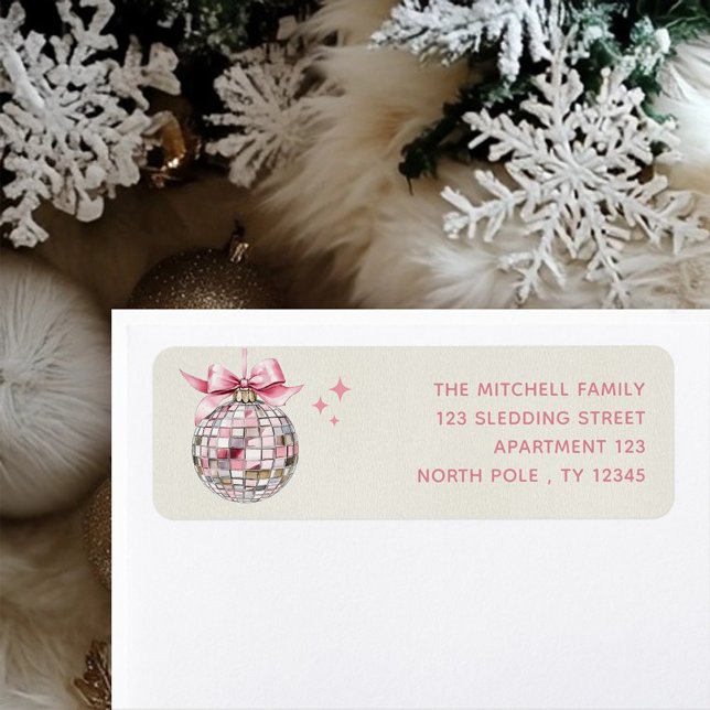 Fun Modern Pink Watercolor Disco Ball Ornament Label (Creator Uploaded)