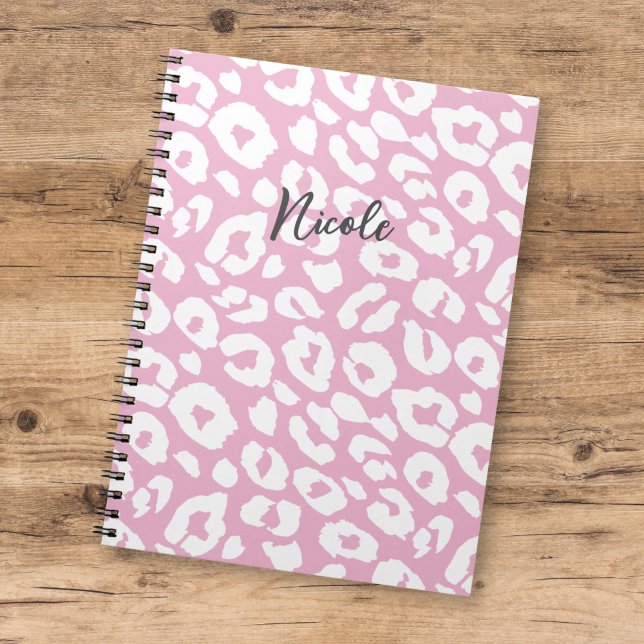 Fun Modern Pink White Leopard Spot Pattern w/ Name Notebook (Creator Uploaded)