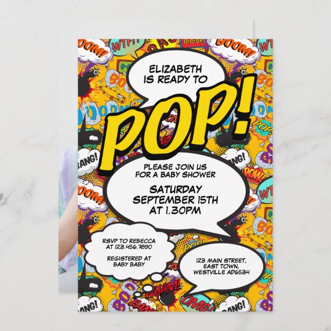 Fun Modern Ready to Pop Baby Shower Comic Photo Invitation (Front/Back)