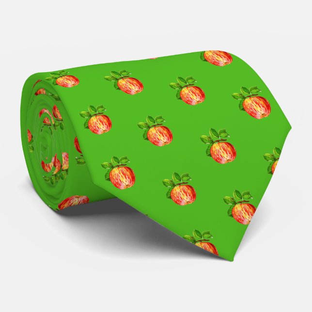 Fun Modern Red Apple Fruit Pattern Green Neck Tie (Rolled)