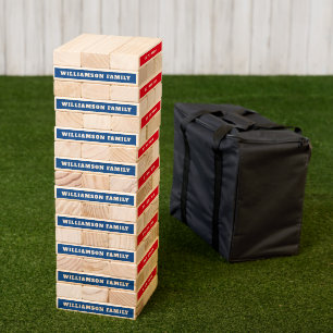 Fun Modern Red White And Blue Custom Family Name Topple Tower