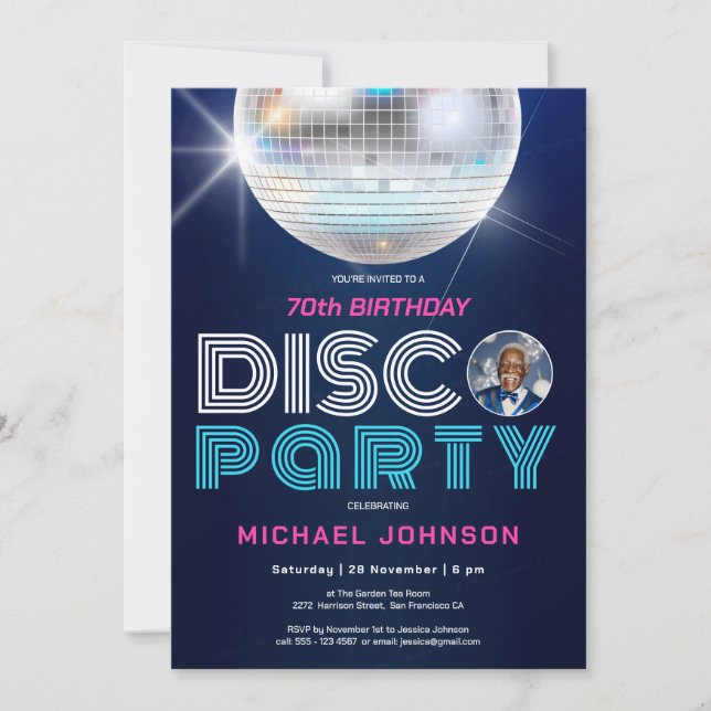 Fun Modern Retro Photo Disco 70th Birthday Party  Invitation (Front)