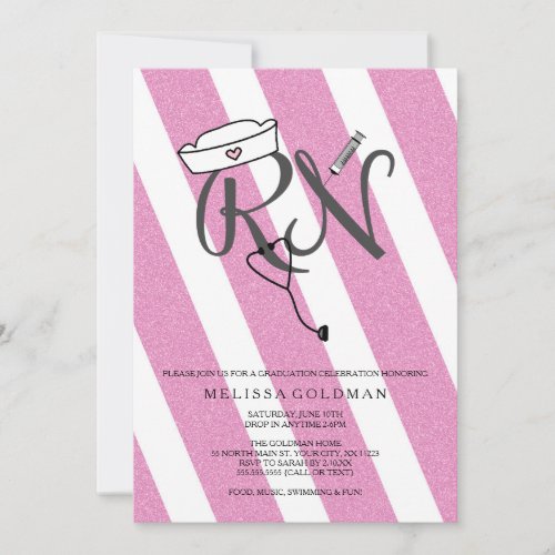 FUN MODERN RN graduation invites hot pink glitter 5" X 7" Invitation Card