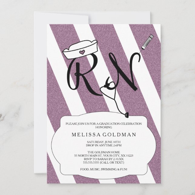 FUN MODERN RN graduation invites PURPLE glitter (Front)