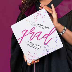 Fun Modern Script White Pink Confetti High School Graduation Cap Topper