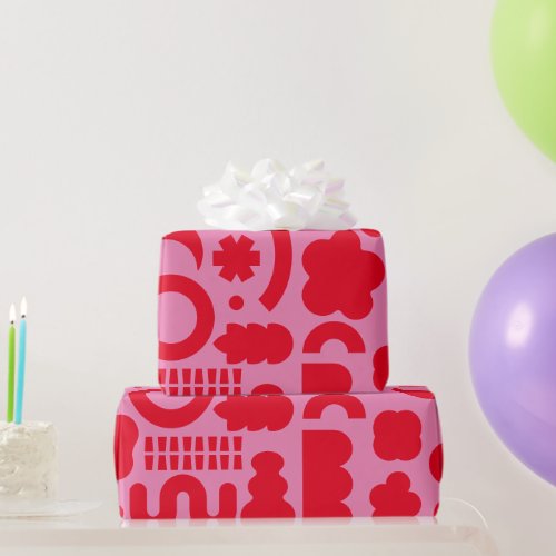 Fun Modern Shapes Colorful Pink Red Wrapping Paper