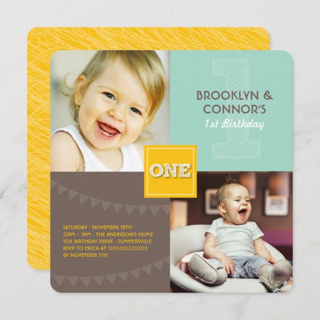 Fun Modern Square ONE Baby Twins 1st Birthday Invitation (Front/Back)