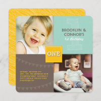 Fun Modern Square ONE Baby Twins 1st Birthday Invitation