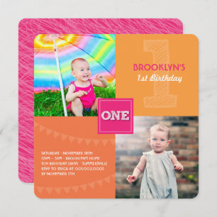 Fun Modern Square ONE Photo Baby Girl 1st Birthday Invitation