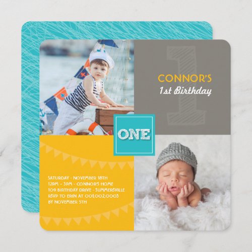 Fun Modern Squares ONE Photo Baby Boy 1st Birthday Invitation