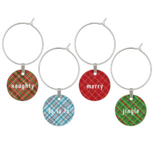 Fun Modern Tartan Christmas Words Wine Charm