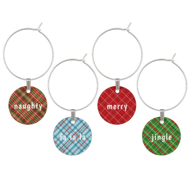 Fun Modern Tartan Christmas Words Wine Charm (Staggered)