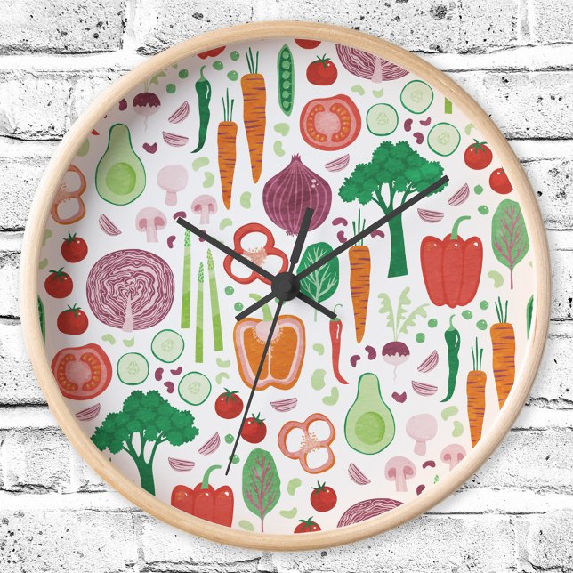 Fun Modern Vegetable Pattern Kitchen Clock (Fun modern colorful healty vegetable pattern kitchen clock)