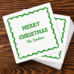Fun Modern Wavy Border Green Christmas Party Napkins