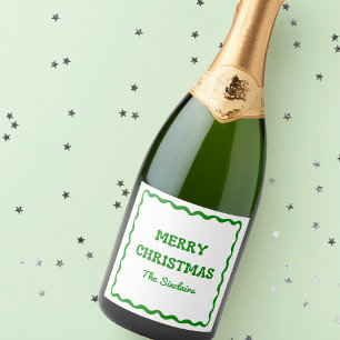 Fun Modern Wavy Border Green Christmas Party Sparkling Wine Label