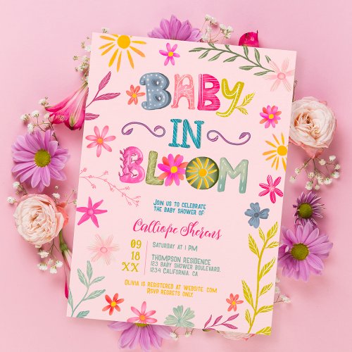 Fun modern whimsical floral baby in bloom shower invitation