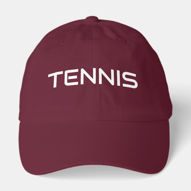 Fun Modern White TENNIS Text Maroon Background Hat (Front)
