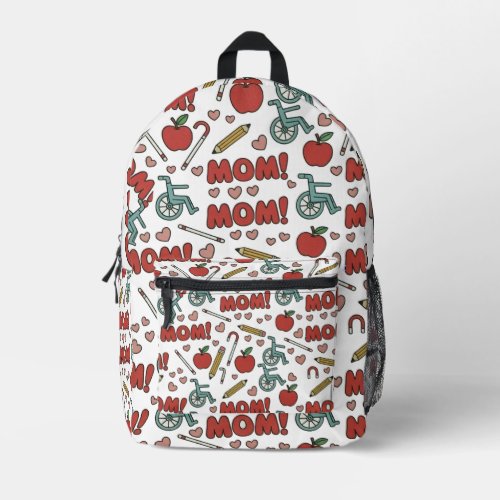 Fun "MOM!" Pattern  with Apples, Wheelchairs  Printed Backpack