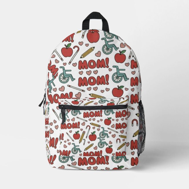 Fun "MOM!" Pattern  with Apples, Wheelchairs  Printed Backpack (Front)