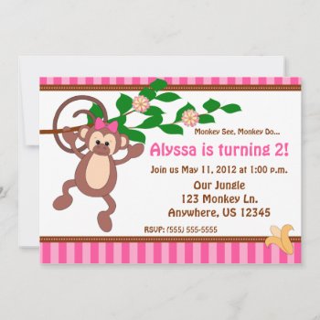 Fun Monkey Girls Personalized Birthday Inviation Invitation by mybabytee at Zazzle