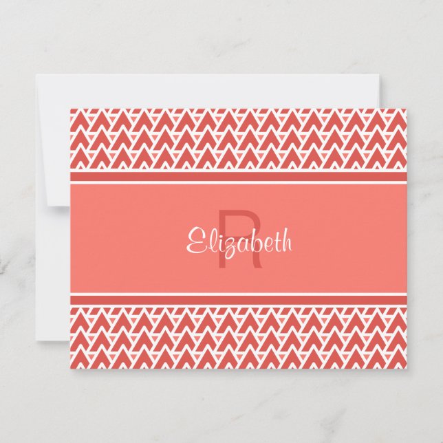 Fun Monogram Coral Red Geometric Angle Pattern Note Card (Front)
