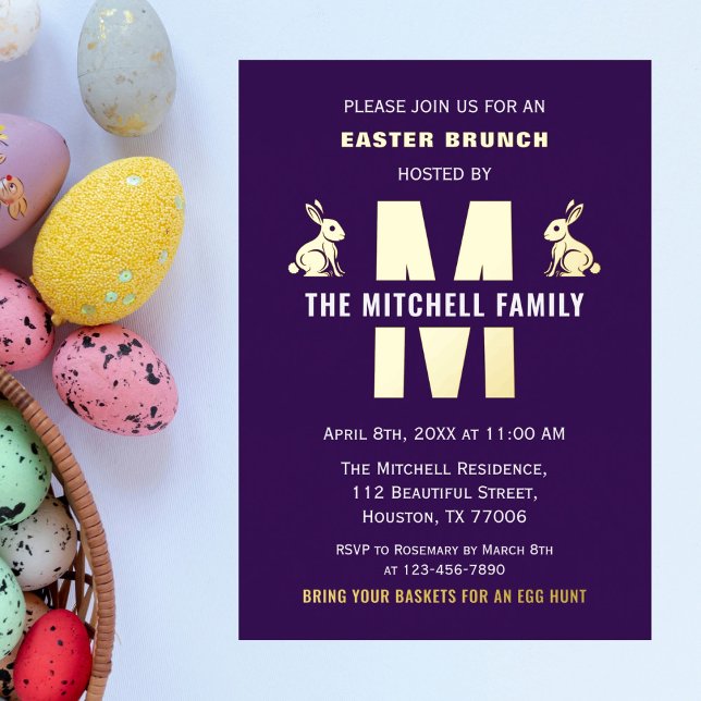 Fun Monogram Family Name Happy Easter Bunny Rabbit Foil Invitation (Creator Uploaded)