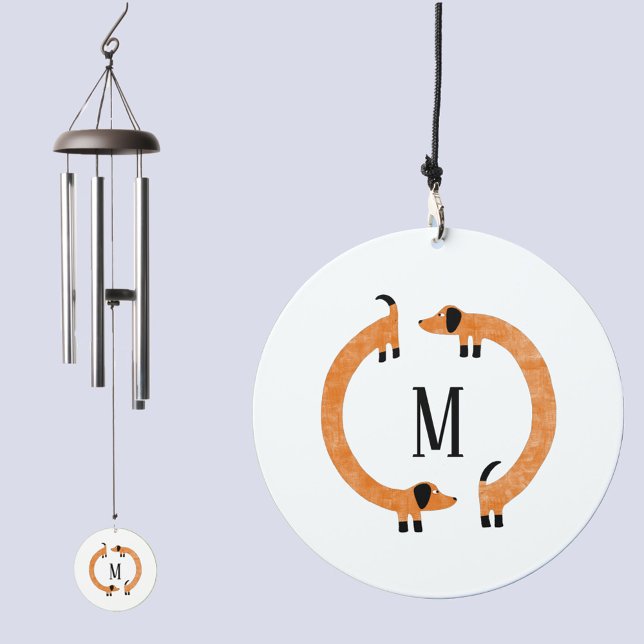 Fun Monogram Initial Dachshund Dog Wind Chime (Dachshund Wiener Sausage Dog funny monogram initial personalized wind charm)