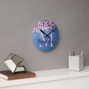 Fun Monogram Lavender Confetti on Blue           Round Clock