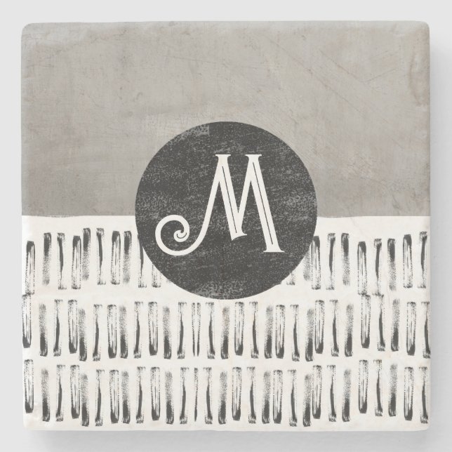 fun monogram patterned gray and white artistic stone coaster (Front)