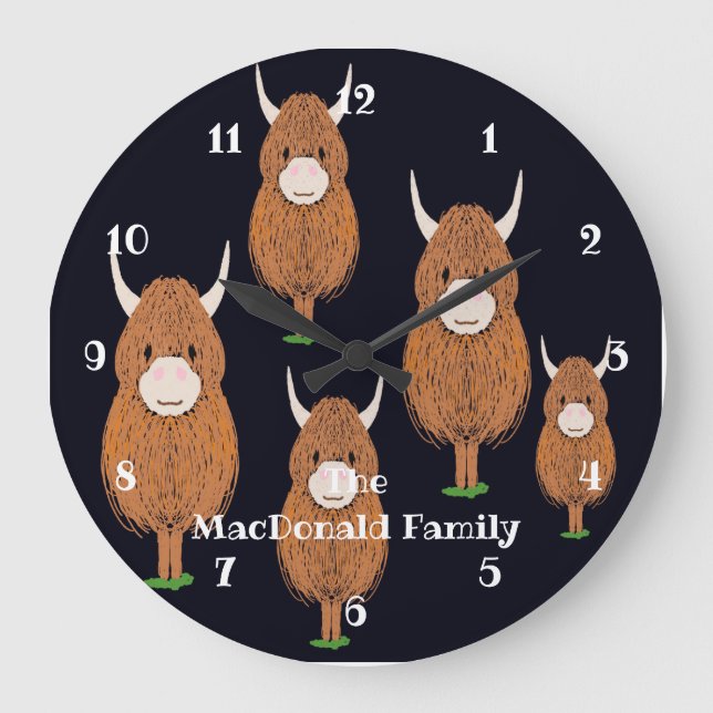 Fun Monogram Scottish Highland Cow Large Clock (Front)