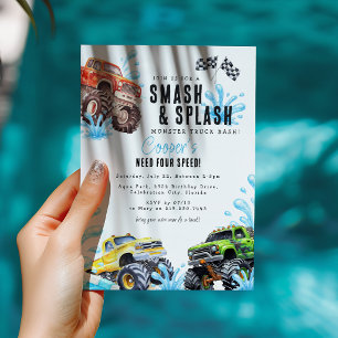 Fun Monster Truck 4th Birthday Pool Party Invitation