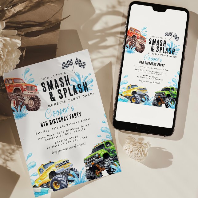 Fun Monster Truck Birthday Pool Party Invitation (Creator Uploaded)