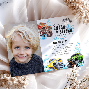 Fun Monster Truck Photo 4th Birthday Pool Party Invitation