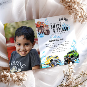 Fun Monster Truck Photo 5th Birthday Pool Party Invitation