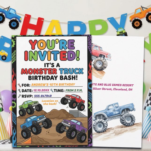 Fun Monster Trucks 10th Birthday Party Invitation (Creator Uploaded)