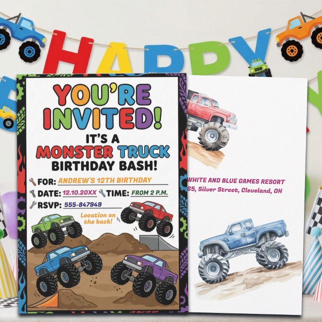 Fun Monster Trucks 12th Birthday Party Invitation (Creator Uploaded)