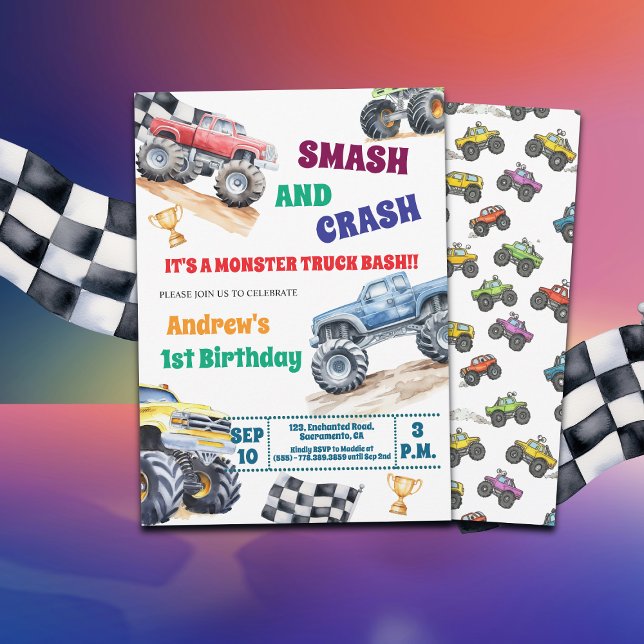 Fun Monster Trucks 1st Birthday Party Invitation (Creator Uploaded)