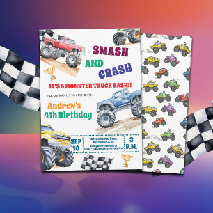 Fun Monster Trucks 4th Birthday Party Invitation