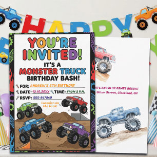 Fun Monster Trucks 6th Birthday Party Invitation