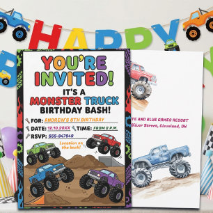 Fun Monster Trucks 8th Birthday Party Invitation
