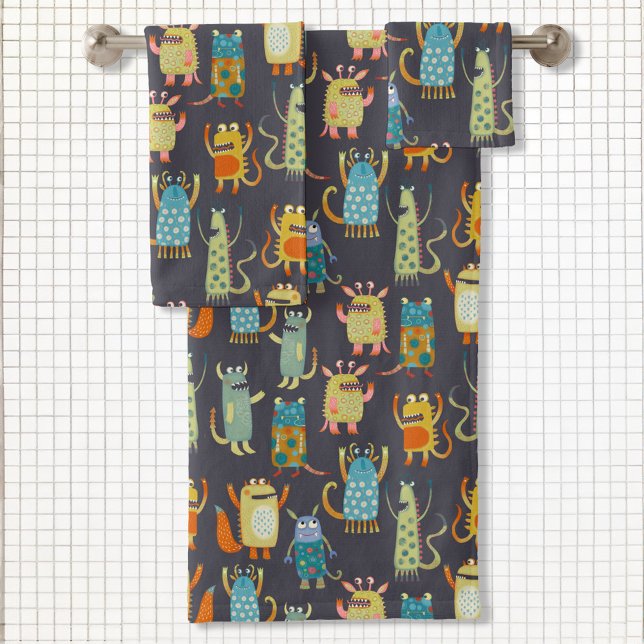 Fun Monsters Pattern Bath Towel Set (Fun monster towel set with original art by Nic Squirrell)