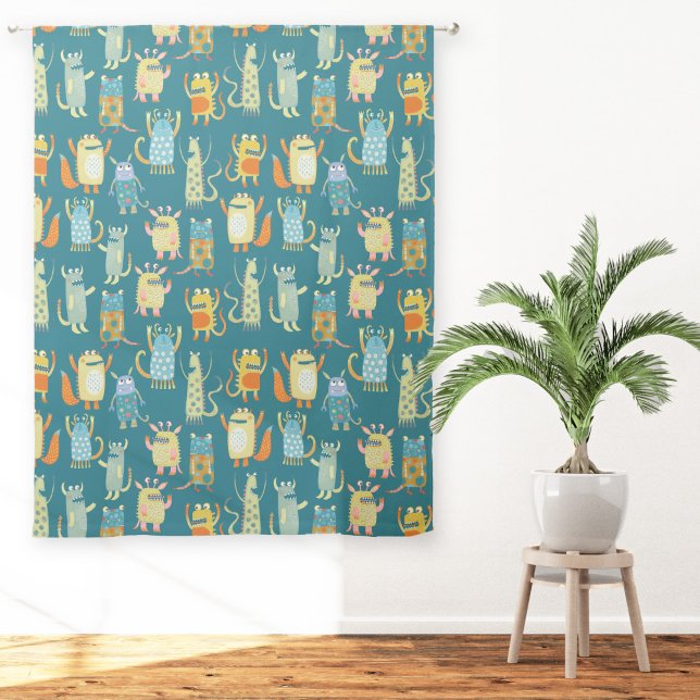 Fun Monsters Pattern Teal Green Sheer Curtains (Fun monster pattern curtains)