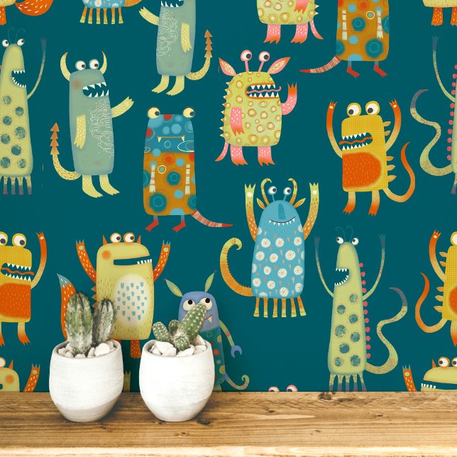 Fun Monsters Pattern Teal Green Wallpaper (Creator Uploaded)