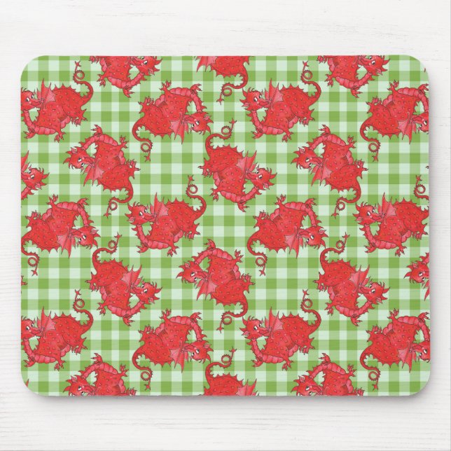 Fun Mousepad: Cute Red Dragon on Green Gingham Mouse Pad (Front)