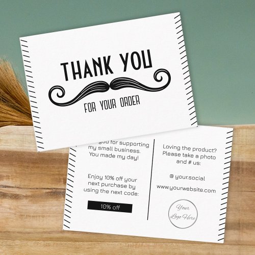 Fun moustache white and black playful thank you business card
