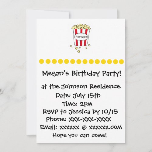 Fun Movie Theater Popcorn Birthday Party Invite