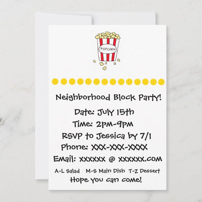Fun Movie Theater Popcorn Block Party Invite (Front)