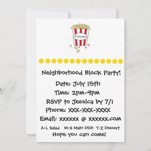 Fun Movie Theater Popcorn Block Party Invite